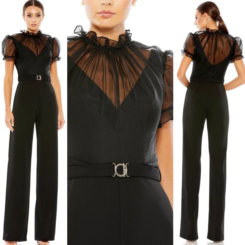 Mac Duggal Ieena 26621 Belted Sheer High Neck Short Sleeve Jumpsuit Black 8 New